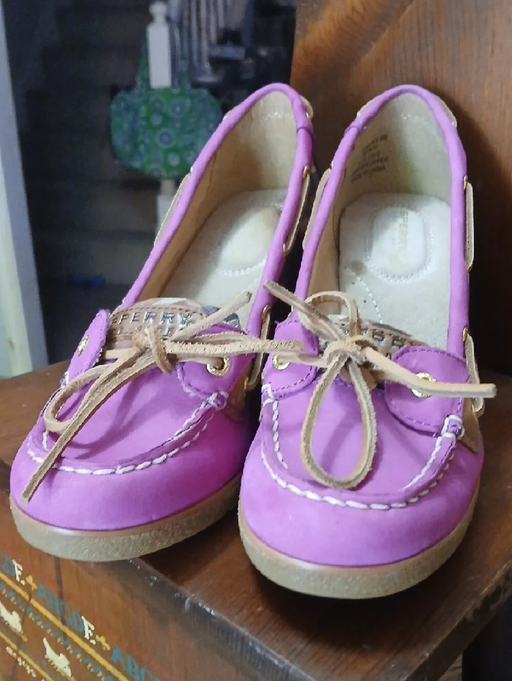 Sperry/topsider,suede Fuscia Plaid Wedge Shoes‎ with Tan Leather-Laces, Sz.8m